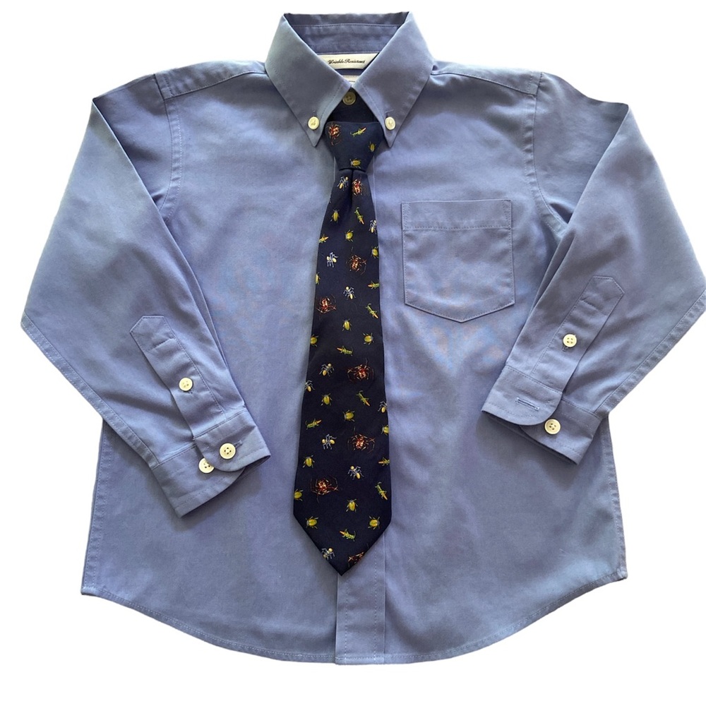 Talbots Kids SET Blue Button Down Shirt & Silk Tie With Bug Motif So Cute Size 4